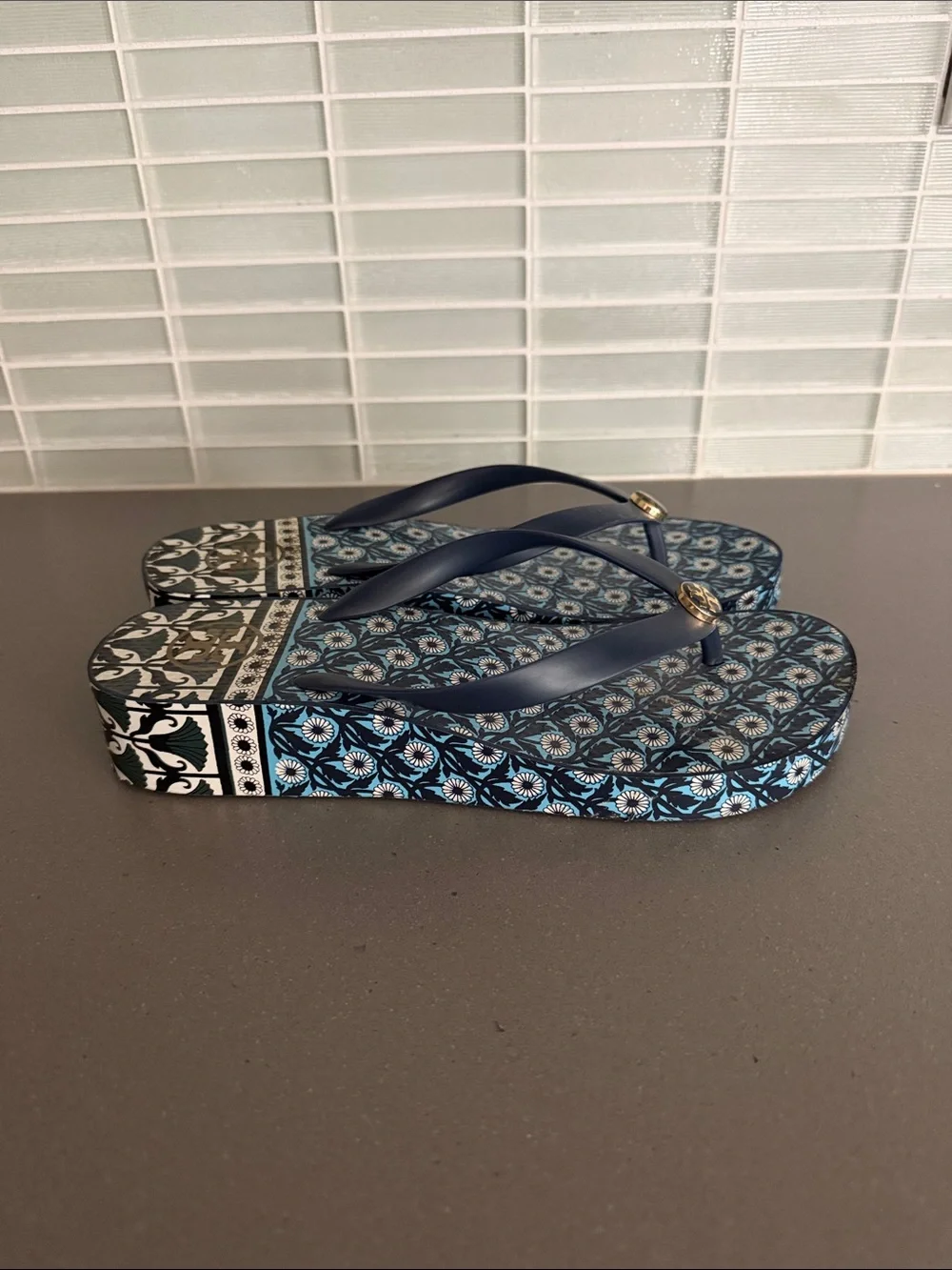 Tory Burch Navy and Light Blue Floral Platform Thong Sandals